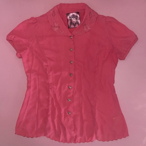 Honey Bunch Hot Pink Embroidered Collar Short Sleeve Button Up Blouse - Picture 2 of 8